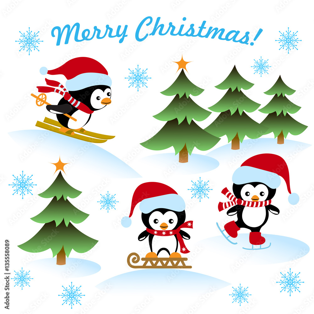 Christmas card with the penguins ice-skating, sledding, skiing, winter background, greeting text.