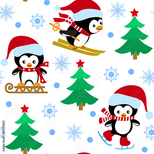 Seamless pattern with Christmas penguins, fur-tree and snowflakes on a white background © Tetiana