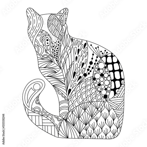 Stylized doodle cat. Hand drawn cartoon animal illustration, coloring book page. Decorative ornate for T-shirt emblem, logo or tattoo. Zen art, isolated design element