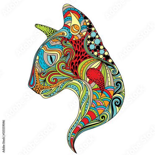 Stylized colorful doodle cat. Hand drawn cartoon animal illustration, coloring book page. Decorative ornate for T-shirt emblem, logo or tattoo. Zen art, isolated design element