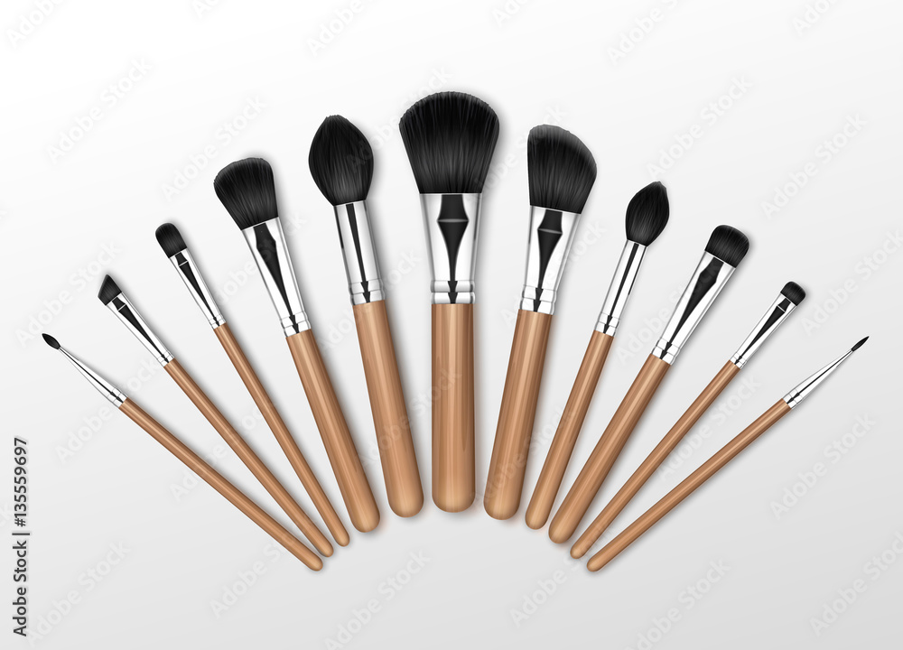 Set of Black Clean Professional Makeup Concealer Powder Blush Eye Shadow Brow Brushes with Wooden Handles on Background Set of Black Clean Professional Makeup Concealer Powder Blush Eye Shadow Brow Brushes with Wooden Handles on Background