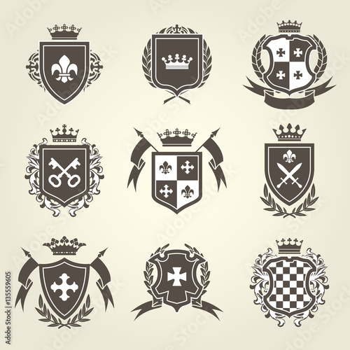 Knight shields and royal coat of arms set