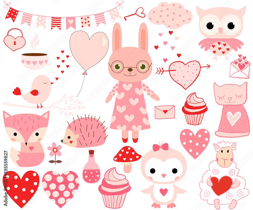 Cute love set of Valentine animals and design elements in pink and red Cute love set of Valentine animals and design elements in pink and red