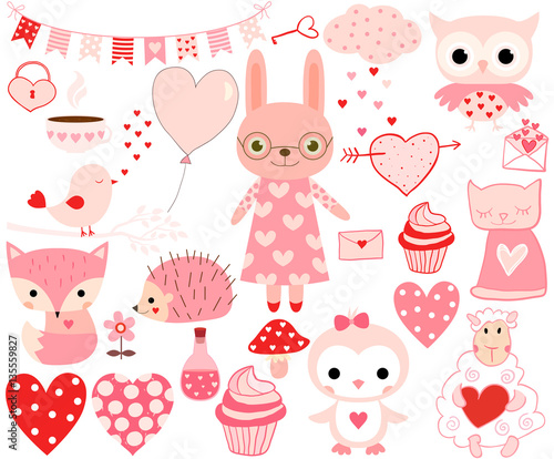 Cute love set of Valentine animals and design elements in pink and red © dollitude