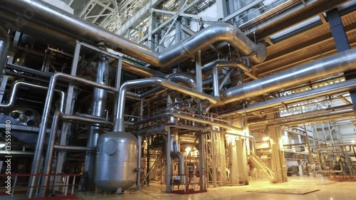 Electric power station. Panorama of the interior of russian heat power plant. 4K
