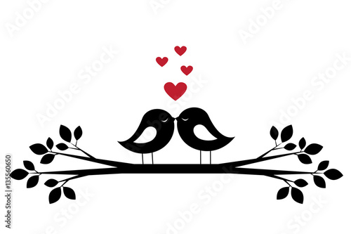 Silhouettes cute birds kiss and red hearts