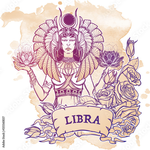 Zodiac sign Libra. Egyptian goddess Isis balancing in hands black and white lotus as a symbol of equilibrium. Vintage art nouveau style concept art for horoscope or tattoo. EPS10 vector