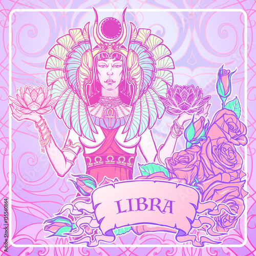 Zodiac sign Libra. Egyptian goddess Isis balancing in hands black and white lotus as a symbol of equilibrium. Vintage art nouveau style concept art for horoscope or birthday card. EPS10 vector