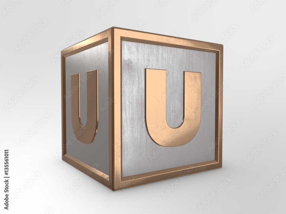 Letter U on metallic cube 3D render Letter U on metallic cube 3D render