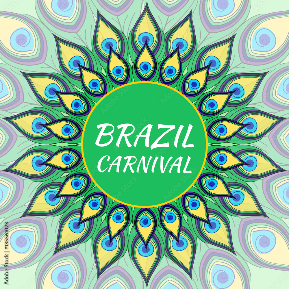 Brazil Carnival illustration vector. Tropical peacock background. Design for greetings cards, banner or flyer.