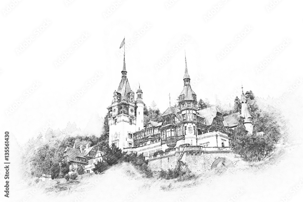 Sketch Of Peles Castle In Carpathian Mountains
