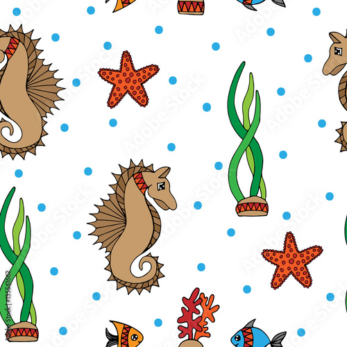 Seamless pattern with fish  sea horse and coral