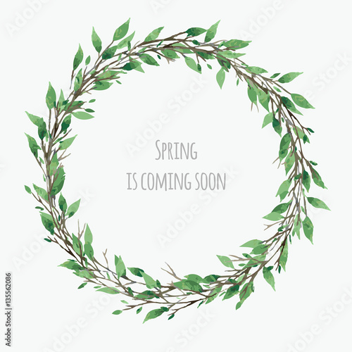 cute spring wreath with green leaves  vector watercolor floral illustration  spring design
