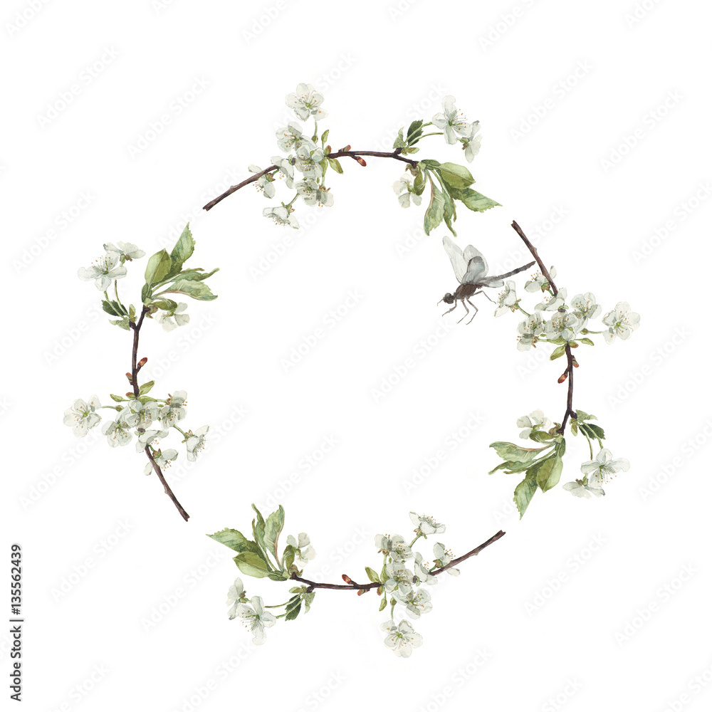 Watercolor wreath of cherry tree branches with dragonfy isolated on white. Background for invitation. Summer illustration. Romantic frame. Watercolor wreath of cherry tree branches with dragonfy isolated on white. Background for invitation. Summer illustration. Romantic frame.