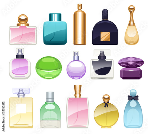 Perfume bottles icons set vector illustration. Eau de parfum.