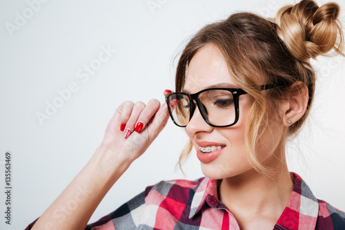 Close up image of Beauty Model in shirt and eyeglasses