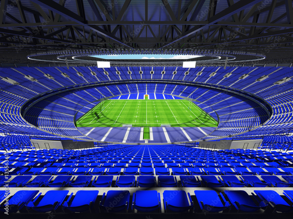 3D render of a round rugby stadium with  blue seats and VIP boxes