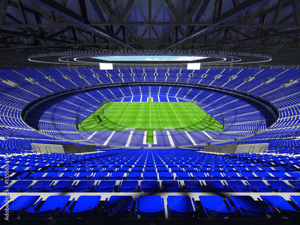 Obraz premium 3D render of a round rugby stadium with blue seats and VIP boxes