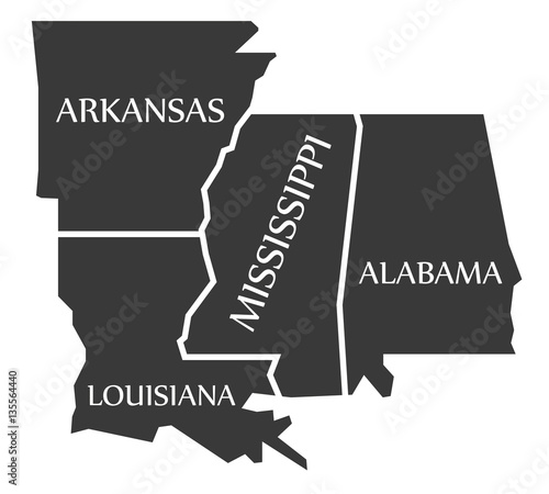 Arkansas - Louisiana - Mississippi - Alabama Map labelled black