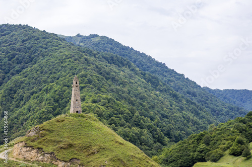 Traditional Chechen tower in the mountains in Chechnya, Russia