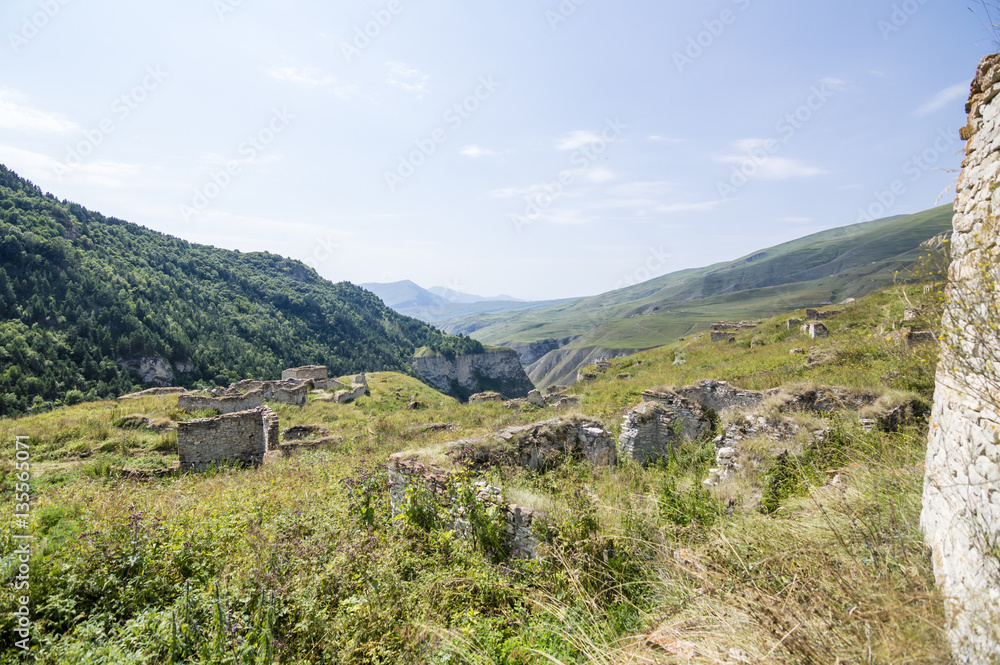 Ruins of ancient medieval chechen village near Lake Kezenoyam (Kezenoy Am) in Chechnya, Russia