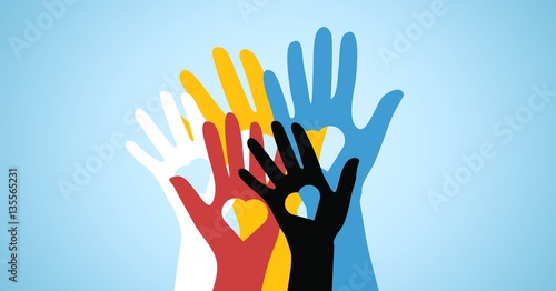 Multicolored volunteers hands with heart shaped photo