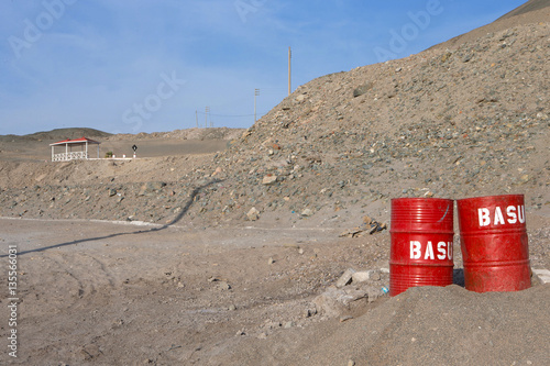 Waste bins at the beach. Basura. Ocean coast Illo Peru photo