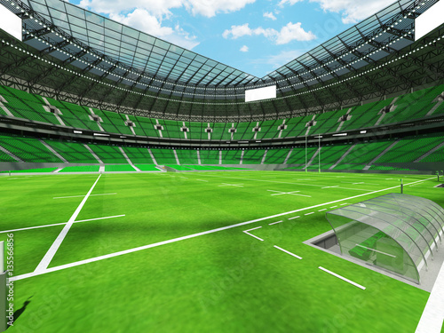 3D render of a round rugby stadium with  green seats and VIP boxes