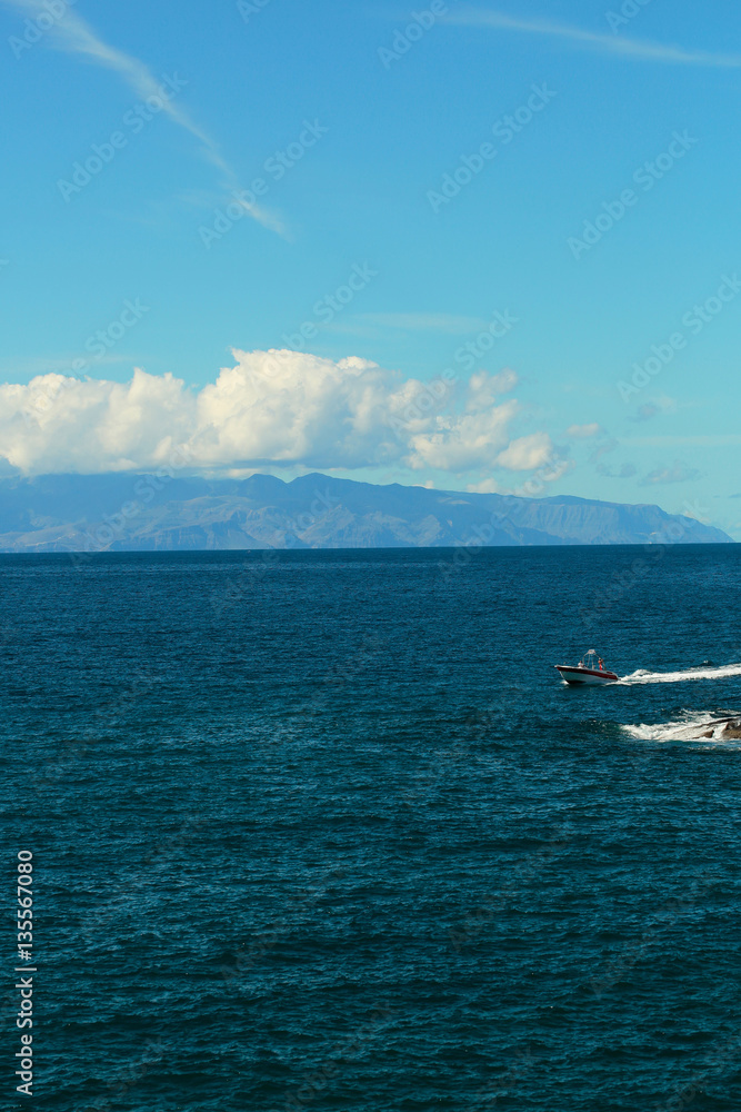 Speed motor boat or ship travels by sea