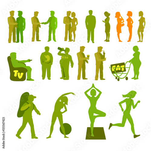 Sport and physical inactivity silouete set. Good and bad habits. Layered vector illustration. photo