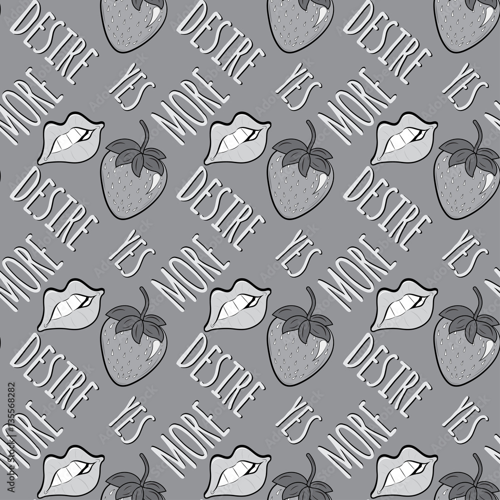 Vector seamless background with lips and strawberries and words yes, more,desire Vector seamless background with lips and strawberries and words yes, more,desire