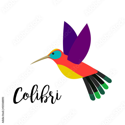 Exotic tropical bird isolated on white background. Colibri bird vector element with hand drawn inscription