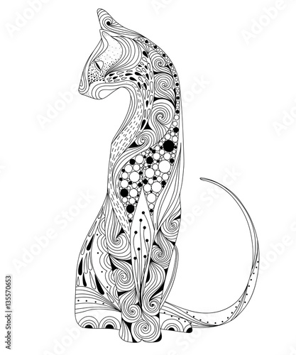 Stylized  doodle cat. Hand drawn cartoon animal illustration, coloring book page. Decorative ornate for T-shirt emblem, logo or tattoo. Zen art, isolated design element