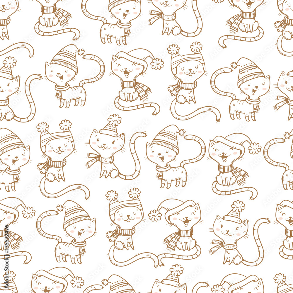 Seamless pattern with cute cartoon cats  in knitted scarves and hats on white  background.  Funny kittens. Animals  in clothes. Vector contour  image. Children's illustration.