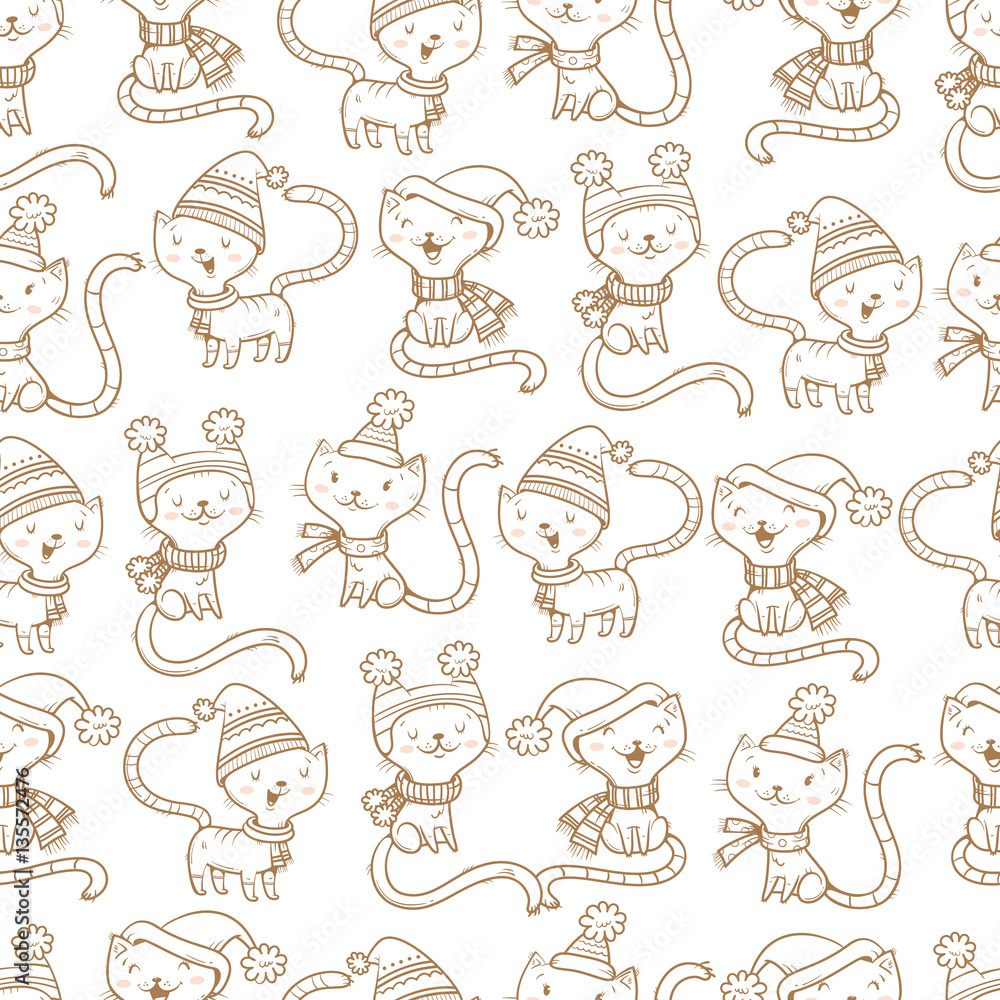 Seamless pattern with cute cartoon cats in knitted scarves and hats on white background. Funny kittens. Animals in clothes. Vector contour image. Children's illustration. Seamless pattern with cute cartoon cats in knitted scarves and hats on white background. Funny kittens. Animals in clothes. Vector contour image. Children's illustration.