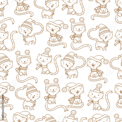 Seamless pattern with cute cartoon cats  in knitted scarves and hats on white  background.  Funny kittens. Animals  in clothes. Vector contour  image. Children s illustration.