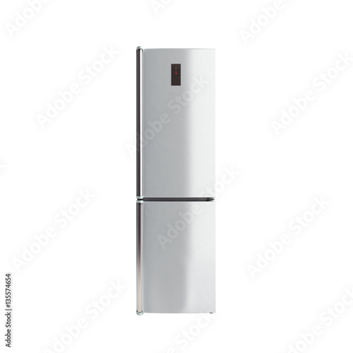 Stainless steel modern refrigerator on white no shadow 3d illust