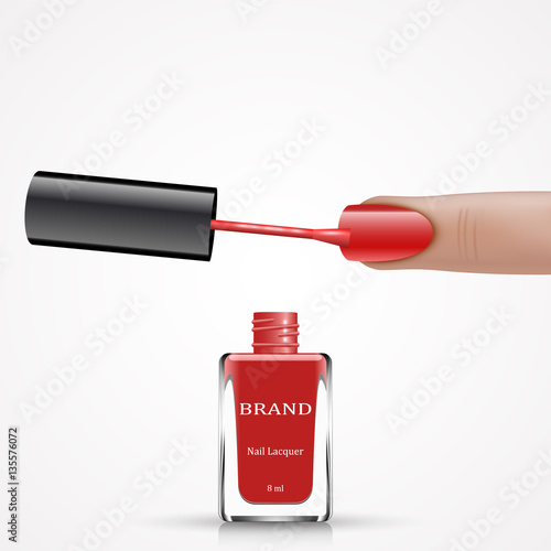 Woman finger with red nail lacquer brush and bottle, vector illustration