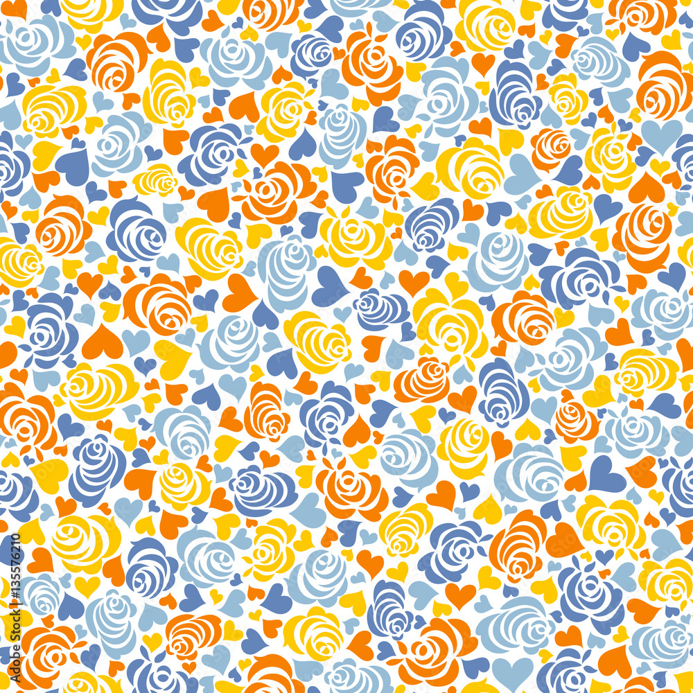 Fototapeta premium Seamless background with hearts and flowers. Bright summer pattern. It can be used for wedding invitations and Valentines.