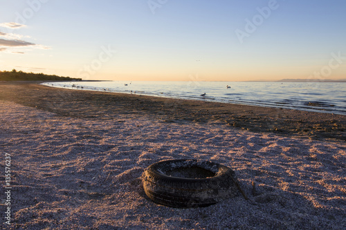 Desert beach shore at the Salton Sea in the California desert