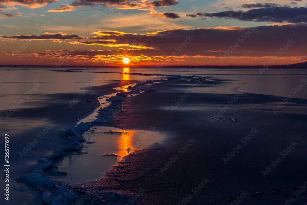 Winter sunset over the lake Balaton of Hungary