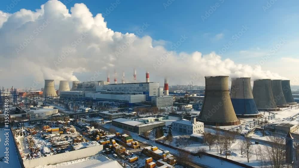 Smokestacks. Smoke from industrial plant polluting. Blue sky on background. 4K. Smokestacks. Smoke from industrial plant polluting. Blue sky on background. 4K.