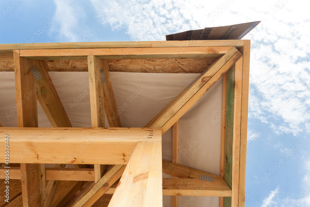 Corner of house with eaves, wooden beams and roof asphalt shingles Corner of house with eaves, wooden beams and roof asphalt shingles