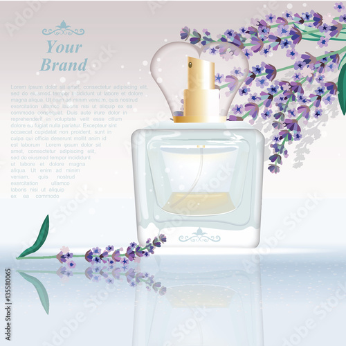 Lavender Perfume bottle Cosmetic ads template, droplet mock up isolated on dazzling background. Place for brand text. Glamorous fragrance sparkling effects. Vector illustration