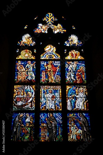 Stained glass in the cathedral of St. Vitus in Prague, Czech Republic