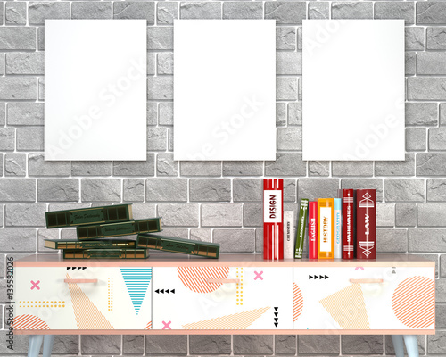 Mock up interior. Books on the cabinet style mepmfis and the pic