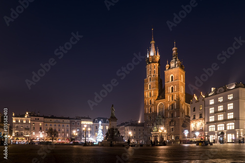 Main Square and St. Mary's Church in Krakow at Night