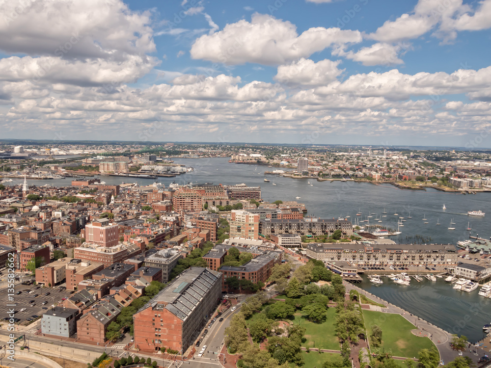 Panoramic, aerial view of Boston, MA