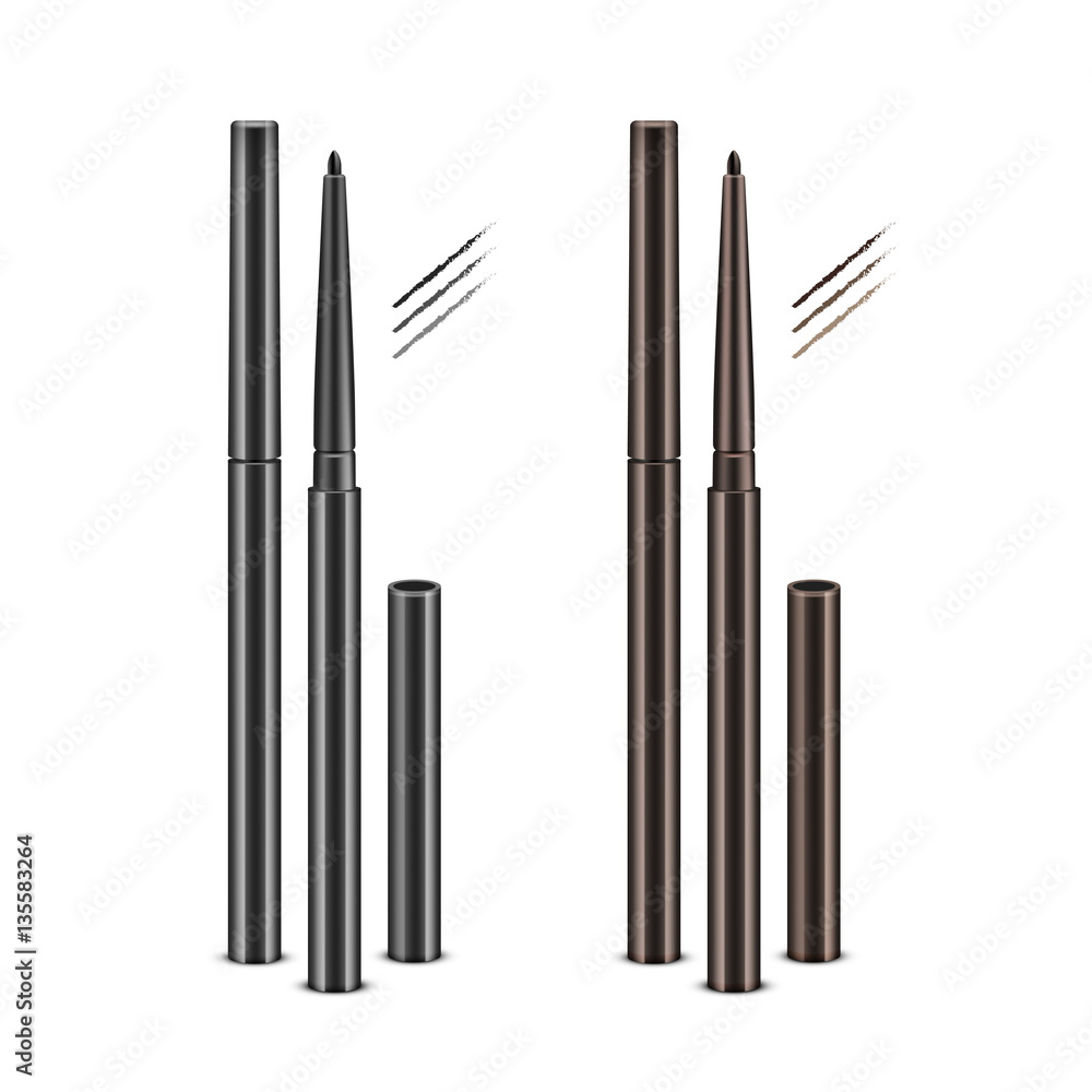 Vector Set of Black Brown Cosmetic Makeup Eyeliner Pencils with without Caps and sample strokes Isolated on White Background Vector Set of Black Brown Cosmetic Makeup Eyeliner Pencils with without Caps and sample strokes Isolated on White Background