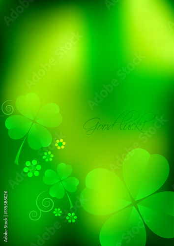 Holiday card for St. Patrick's Day in March 17. Green blurred background with shamrocks. Vector illustration